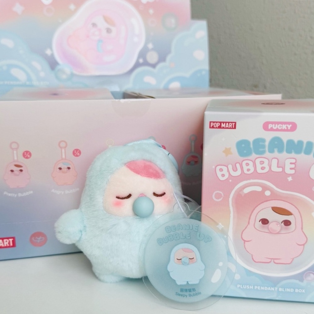 new unboxed Sleepy Pucky Beanie Bubble Up Plush Soft Blue and Pink Pop mart